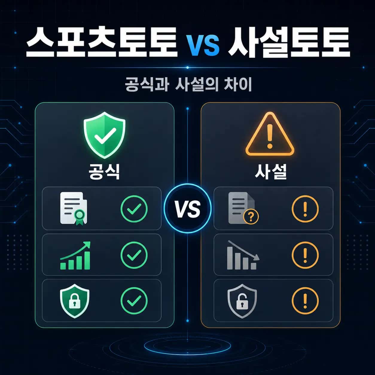 스포츠토토와 사설토토 비교 인포그래픽 — 공식과 사설의 운영 주체, 합법성, 자금 안전 차이