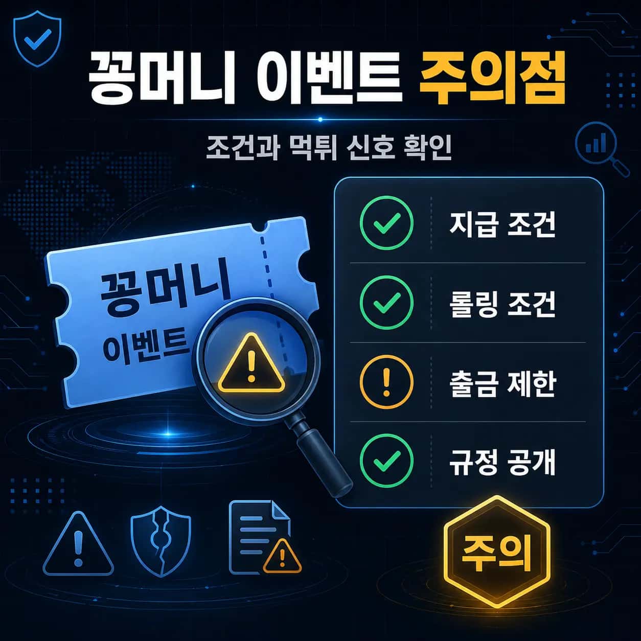 꽁머니 이벤트 주의점 인포그래픽 — 지급 조건, 롤링 조건, 출금 제한, 규정 공개 확인