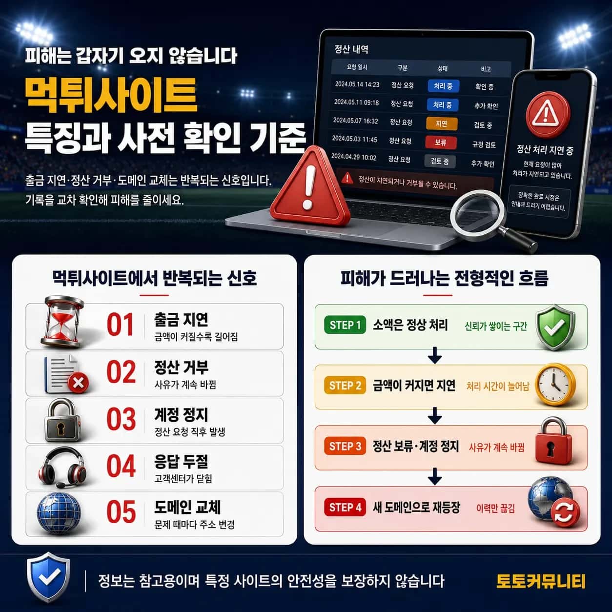 먹튀사이트에서 반복되는 출금 지연, 정산 거부, 계정 정지, 응답 두절, 도메인 교체 신호와 피해가 드러나는 4단계 흐름 안내