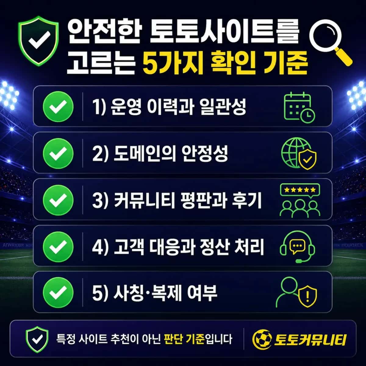 안전한 토토사이트를 고르는 5가지 확인 기준 인포그래픽: 운영 이력과 일관성, 도메인의 안정성, 커뮤니티 평판과 후기, 고객 대응과 정산 처리, 사칭·복제 여부를 종합해 판단하는 기준 안내