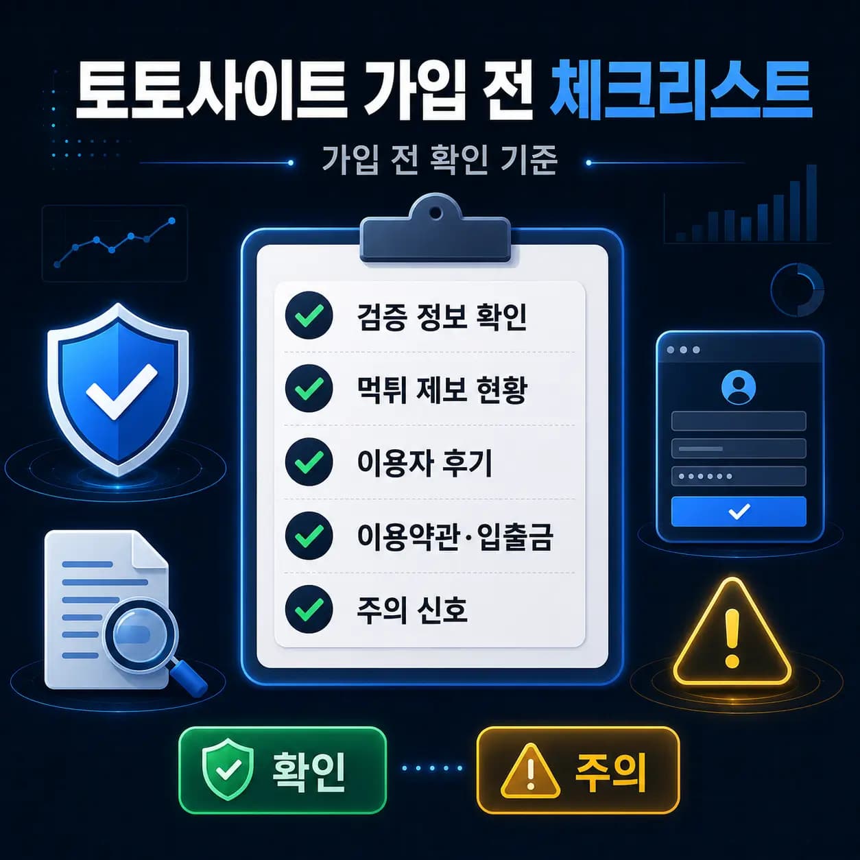 토토사이트 가입 전 체크리스트 토토사이트 가입 전 체크리스트 인포그래픽 — 검증 정보 확인, 먹튀 제보 현황, 이용자 후기, 이용약관·입출금, 주의 신호