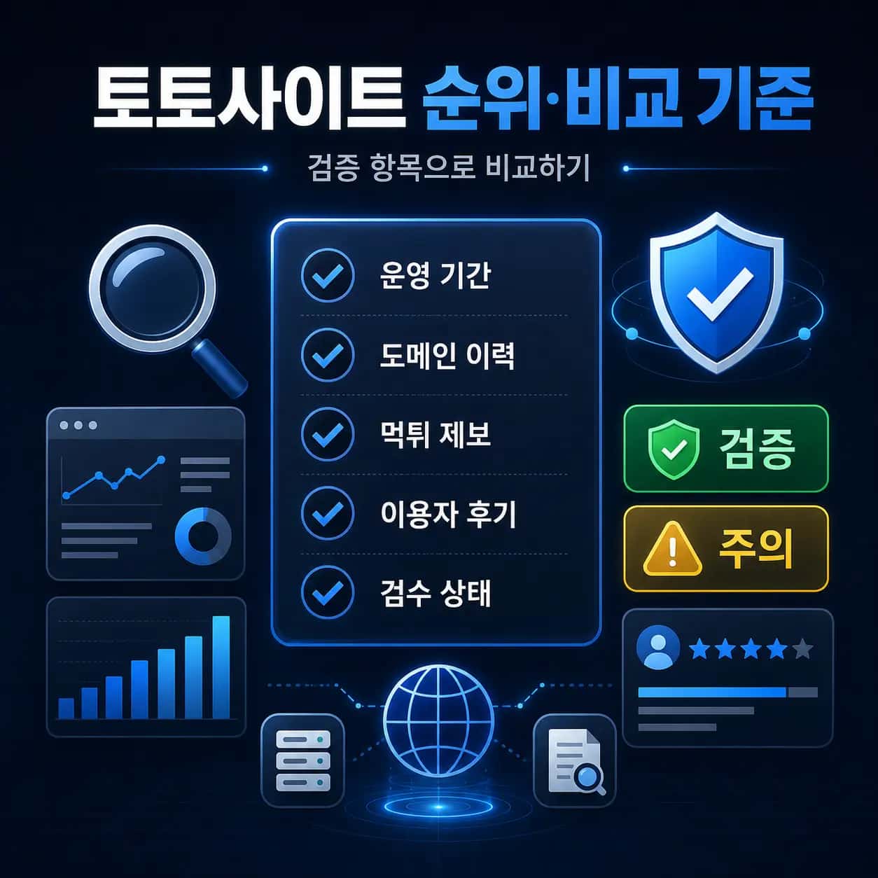 토토사이트 순위·비교 기준 인포그래픽 — 운영 기간, 도메인 이력, 먹튀 제보, 이용자 후기, 검수 상태 검증 항목